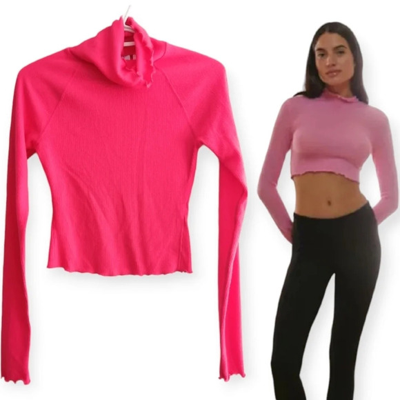 Urban Outfitters Out From Under Neon Pink Cropped Lettuce Hem Turtleneck Small - Picture 1 of 16